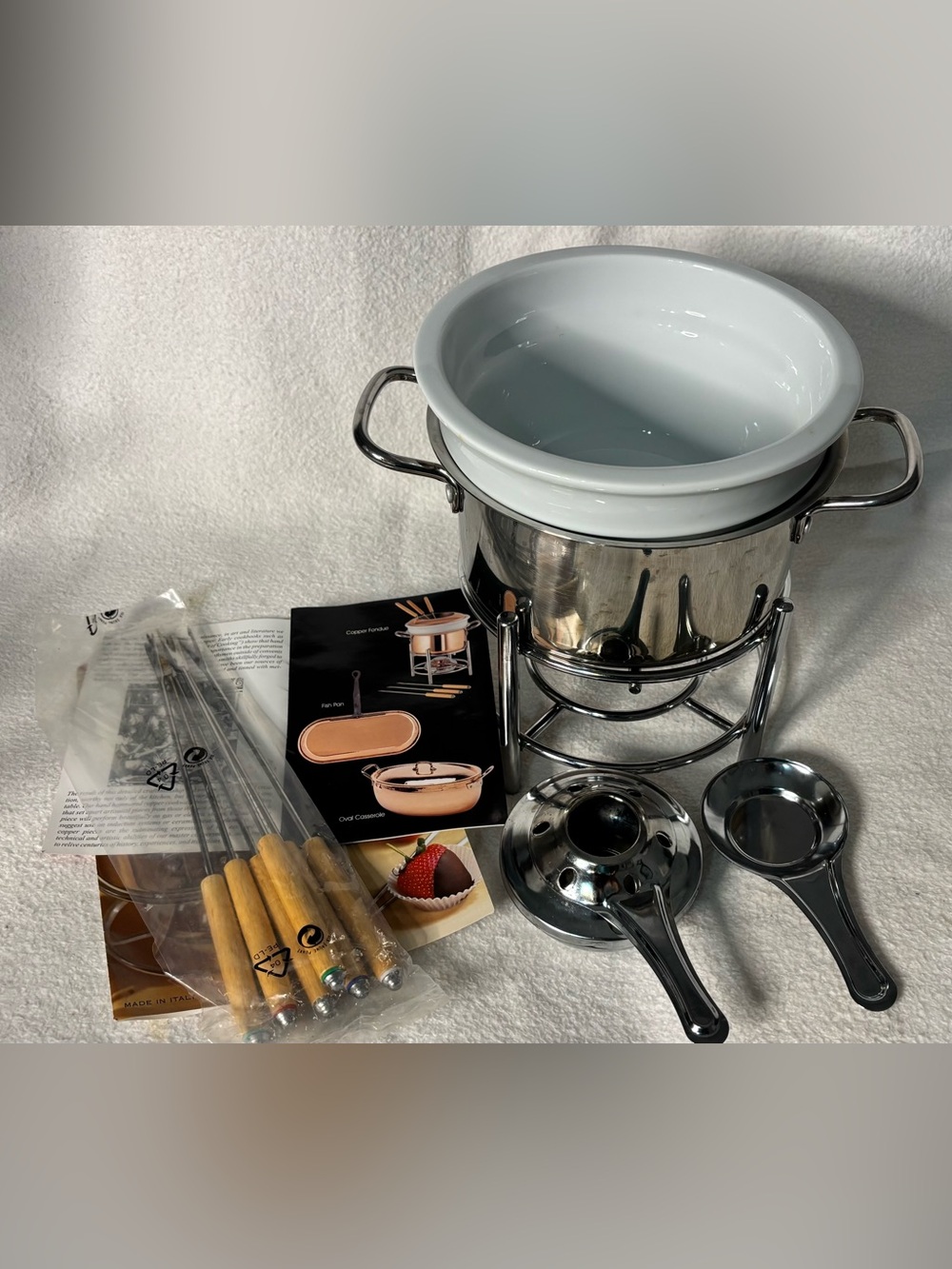 Williams Sonoma Stainless Steel and White Ceramic Fondue Set